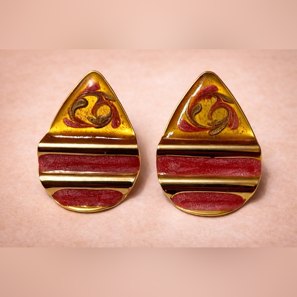 Hand Painted Pink Gold Teardrop Earrings Glitter Statement Studs Boho Jewelry